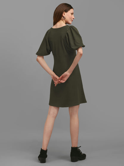 Dark-Olive  Round Neck Puff Sleeve Bodycon Dress