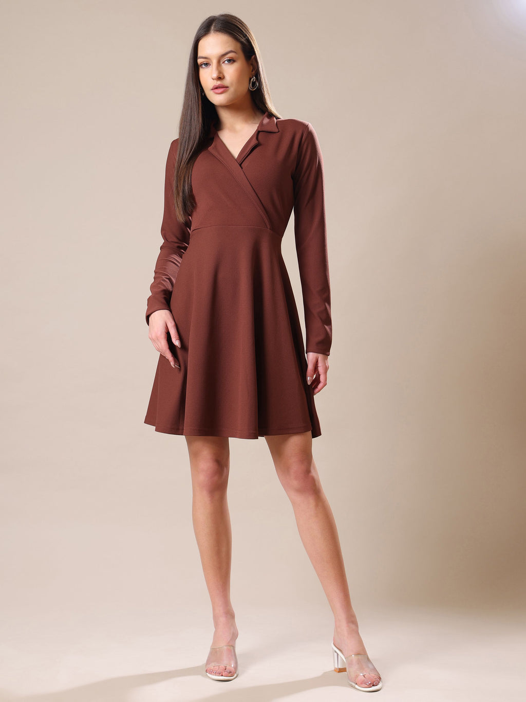 Women's Full Sleeve Fit & Flared Brown Dress