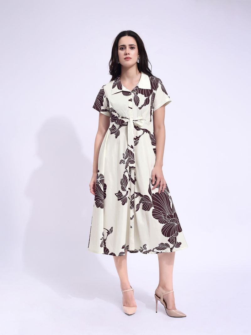 Women's Off White Fit & Flared Stylish Sleeve Dress