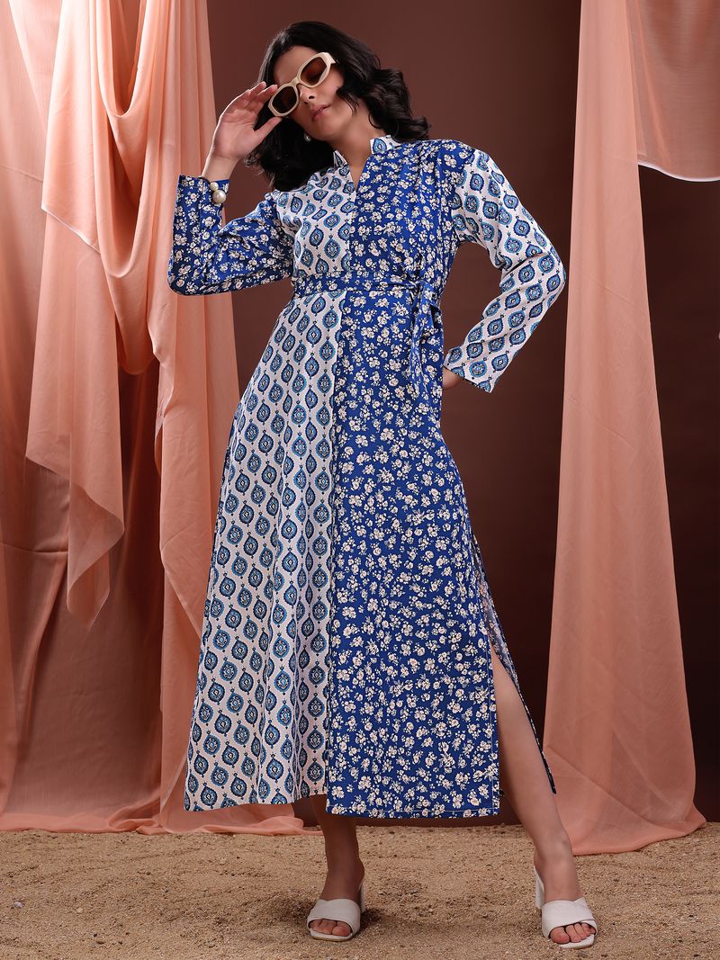 Women's Blue A-Line Bell Sleeve Cotton Blend Dress