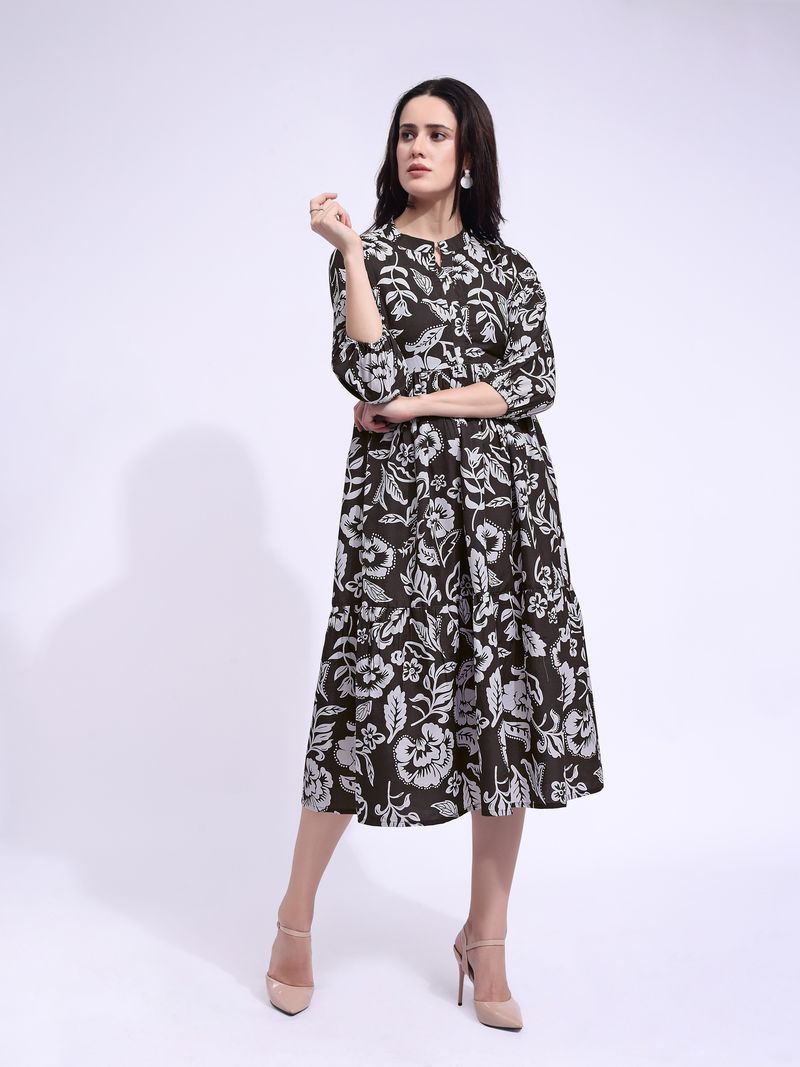 Women's Brown Fit & Flared Midi Puff Sleeve Dress