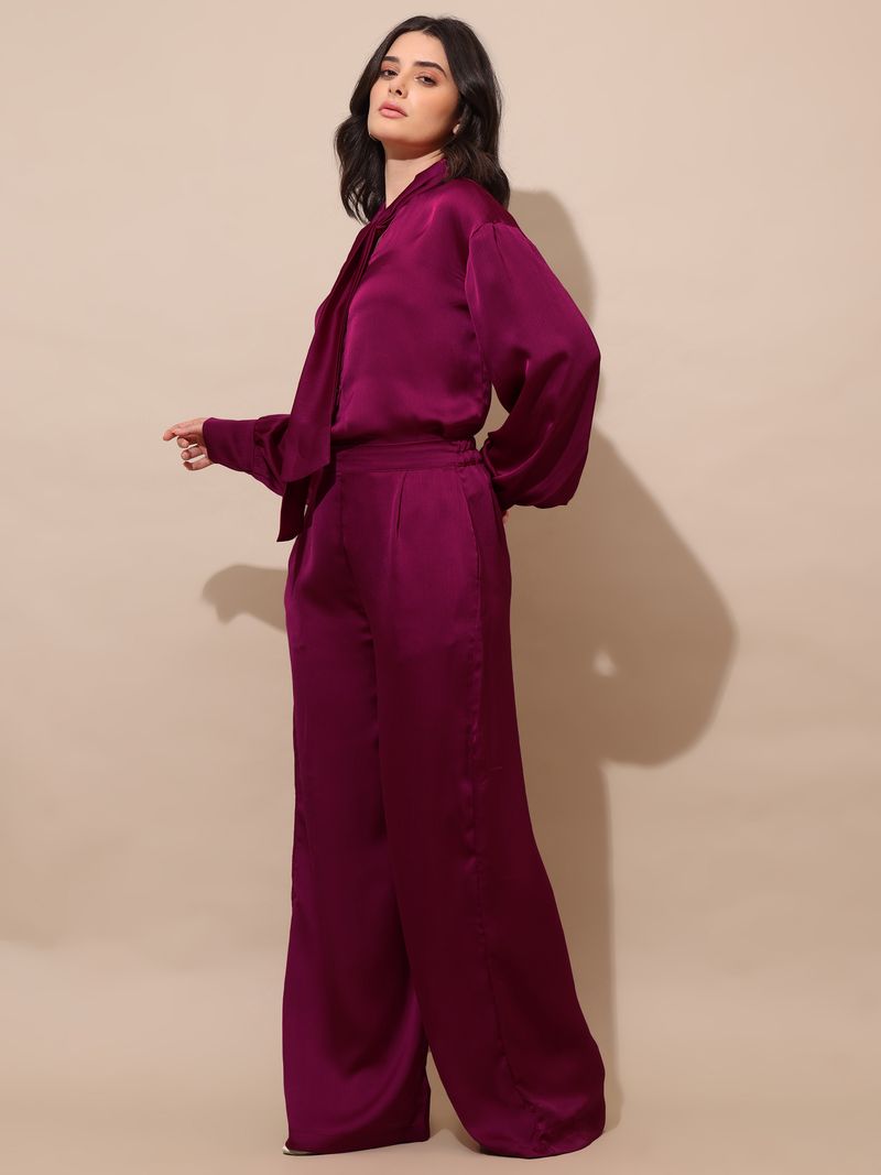 Women's Magenta Solid Silk Blend Tie-Up Stylized Co-Ords