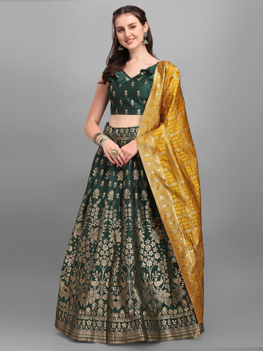 Women Dark Green Printed Lehenga
