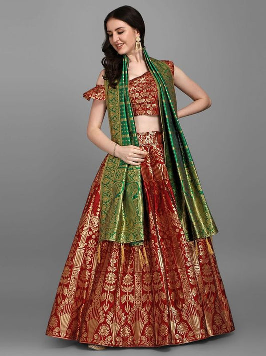 Women Red Jacquard Lehenga