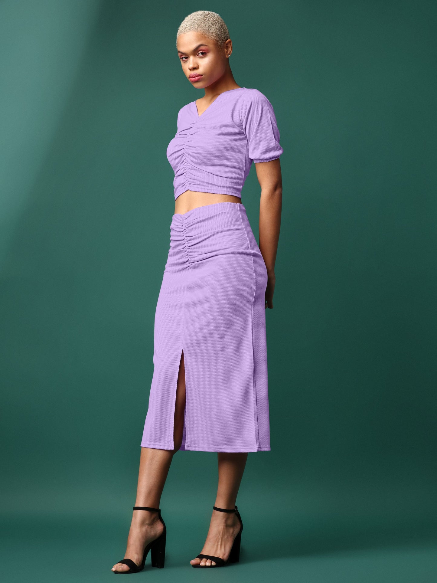 Women Purple V-Neck Top & Skirt Co-ords