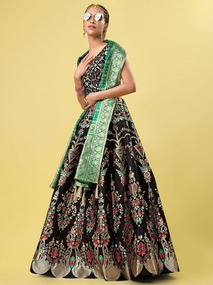 Women Black Floral Print Lehenga