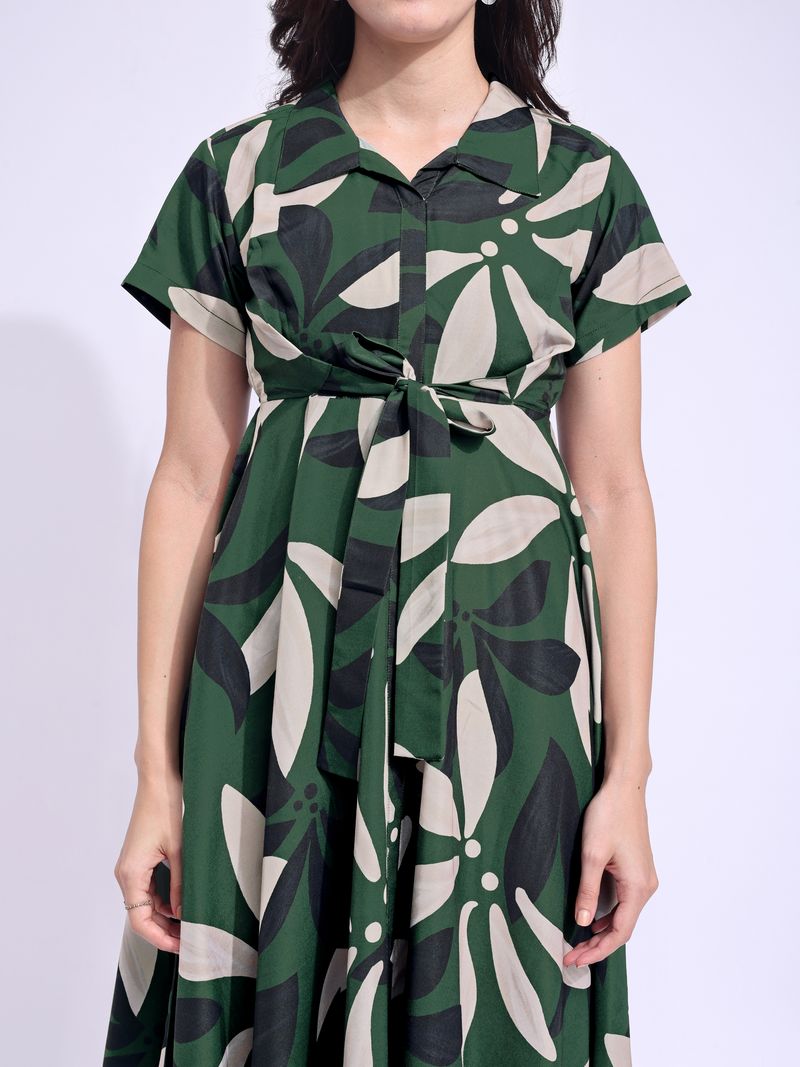 Women's Green Fit & Flared Stylish Sleeve Dress