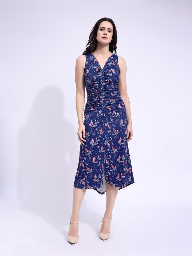 Women's Blue Printed Midi  Sleeveless Dress