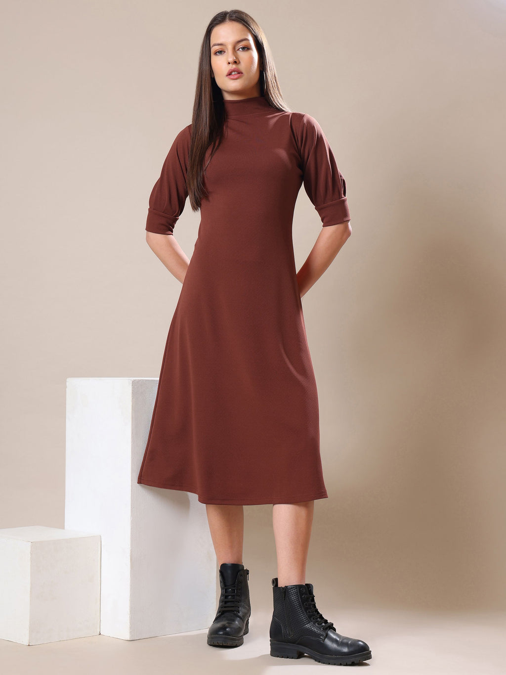 Women's A-Line Elbow Sleeve Brown Dress