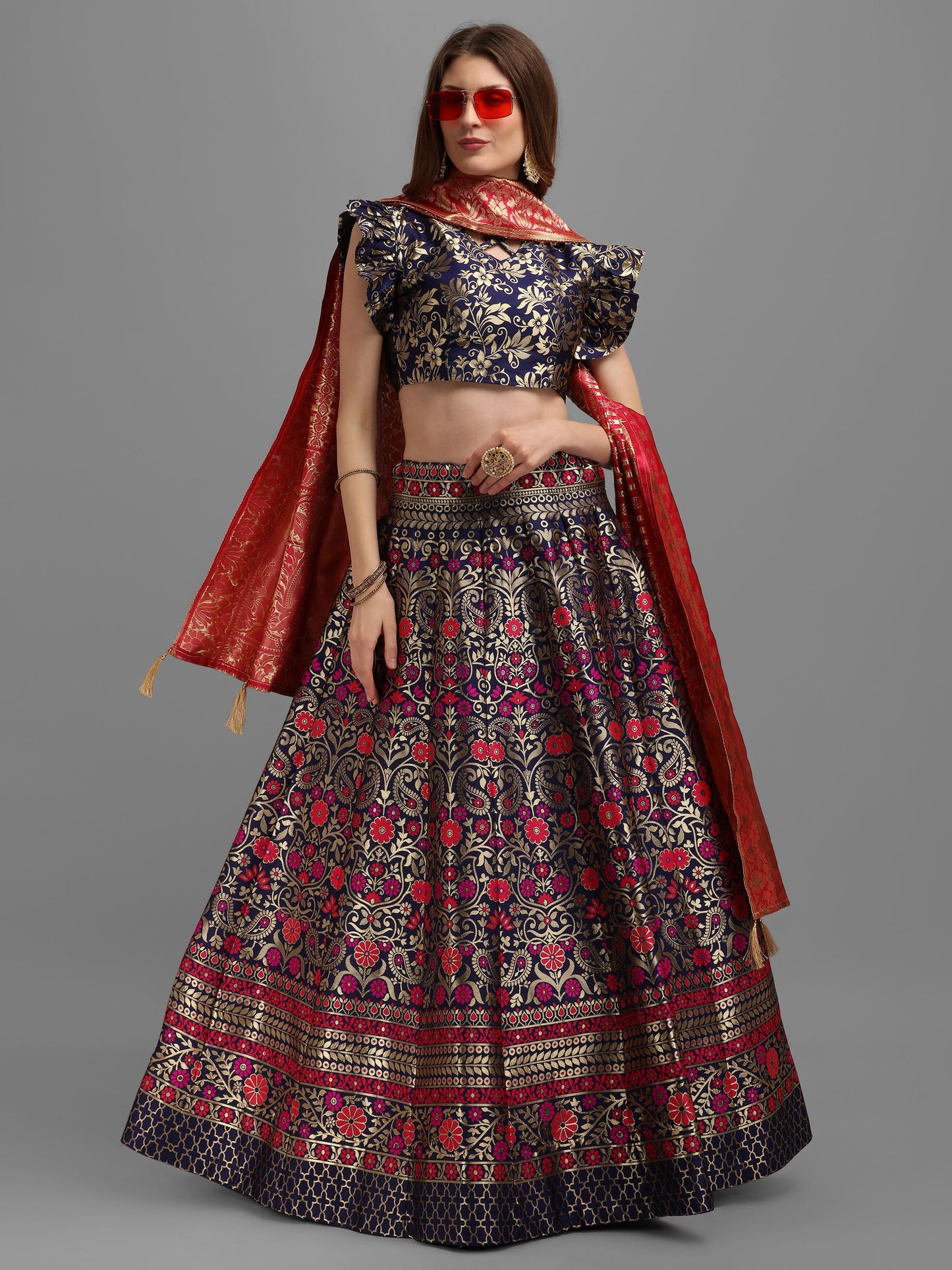 Women Blue Self Design Lehenga