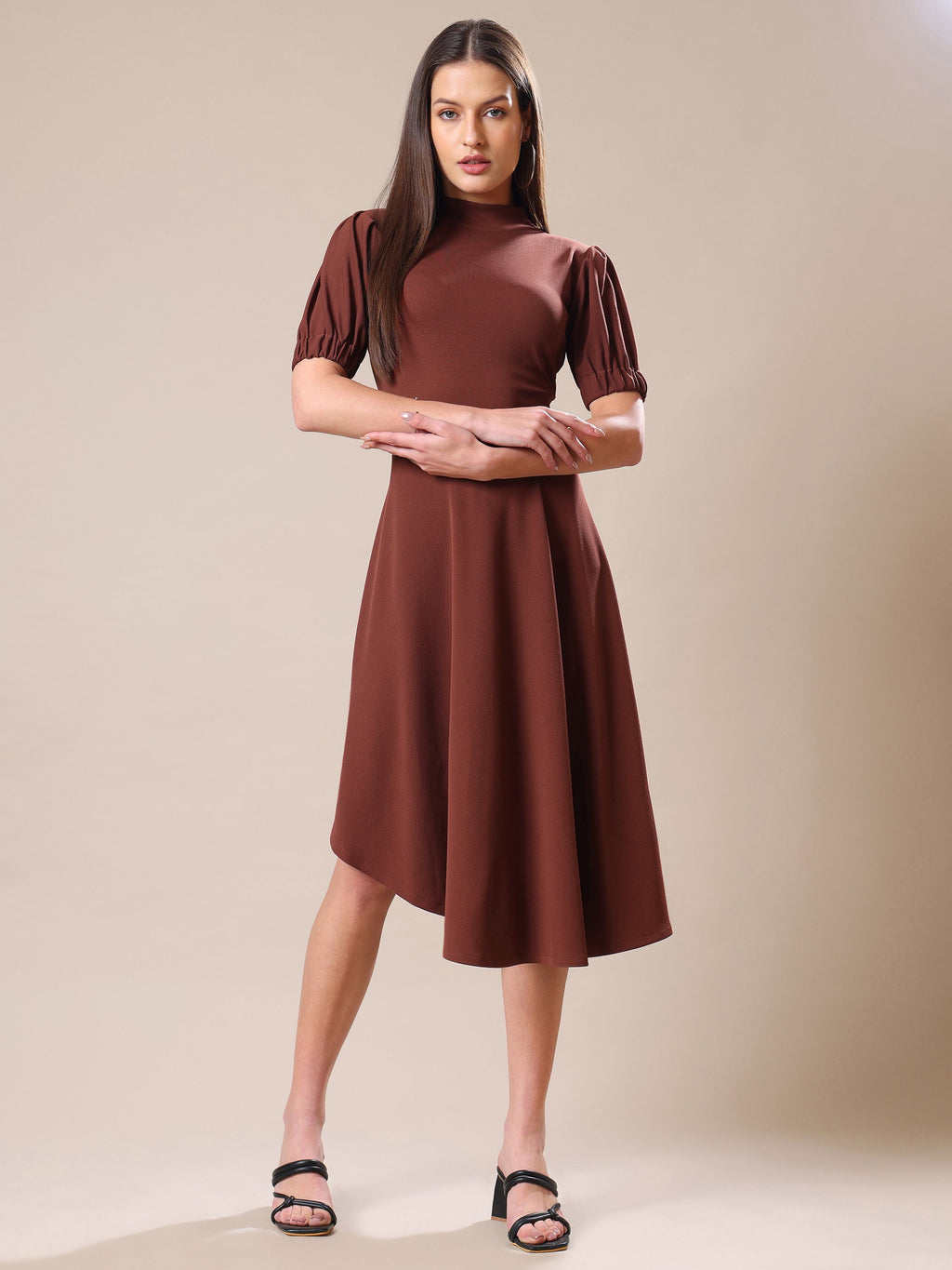 Women's Knee Length Flared Brown Dress
