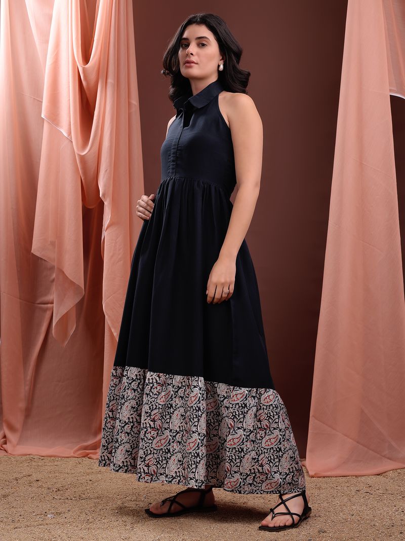 Women's Black Fit & Flared Sleeveless Cotton Blend Dress