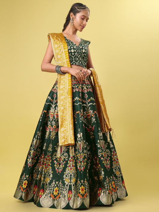 Women Dark Green Floral Print Lehenga