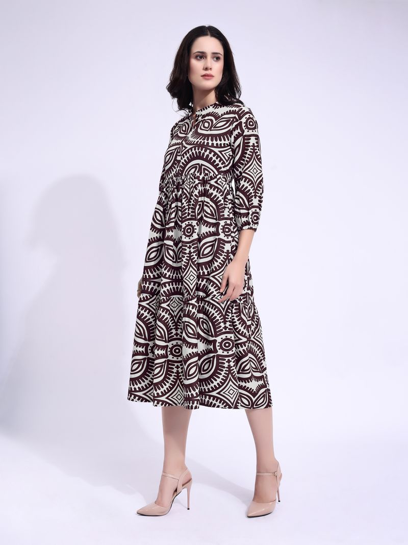 Women's Beige Fit & Flared Midi Puff Sleeve Dress