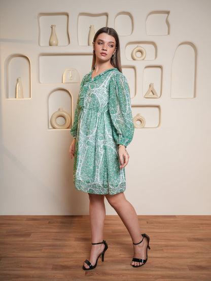 Women Green Fit & Flare Floral Print Dress