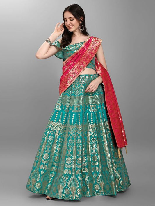 Women Sea Green Jacquard Lehenga