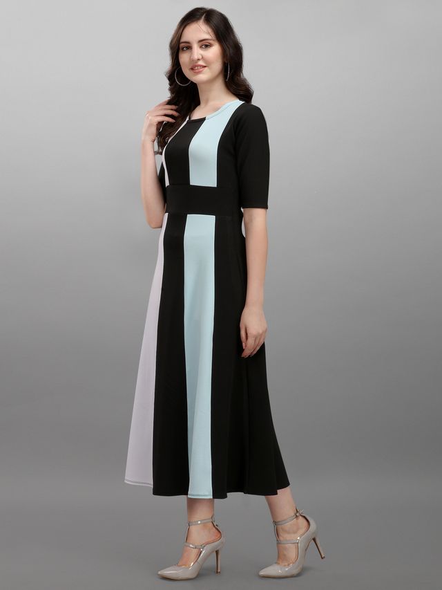 Women Sky Blue & Black Fit & Flare dress