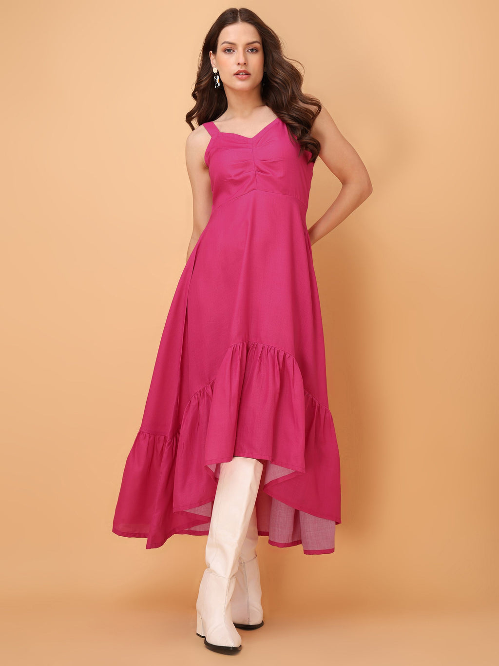 Women Ruffle/Fit & Flare Midi Pink Dress