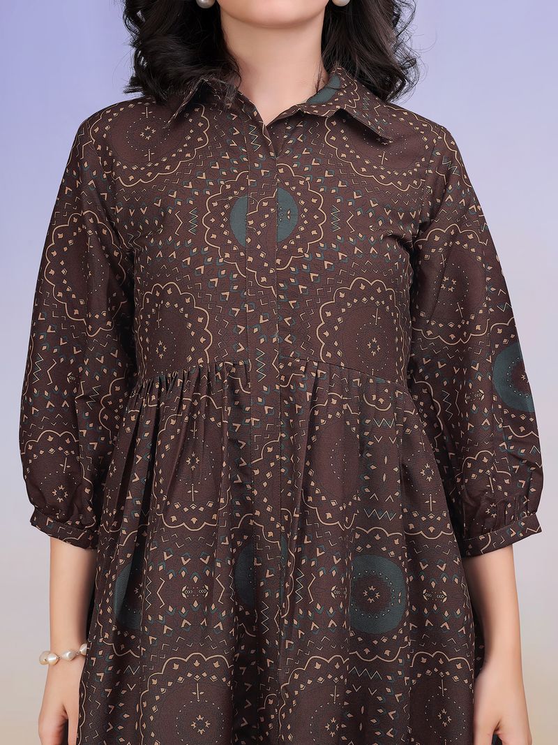 Women's Brown Fit & Flared Shirt Collar Dress