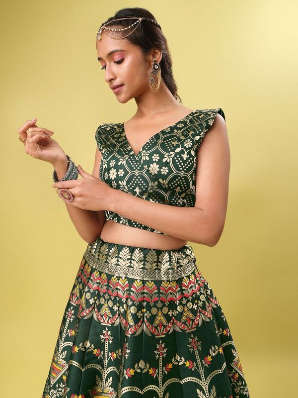 Women Dark Green Floral Print Lehenga