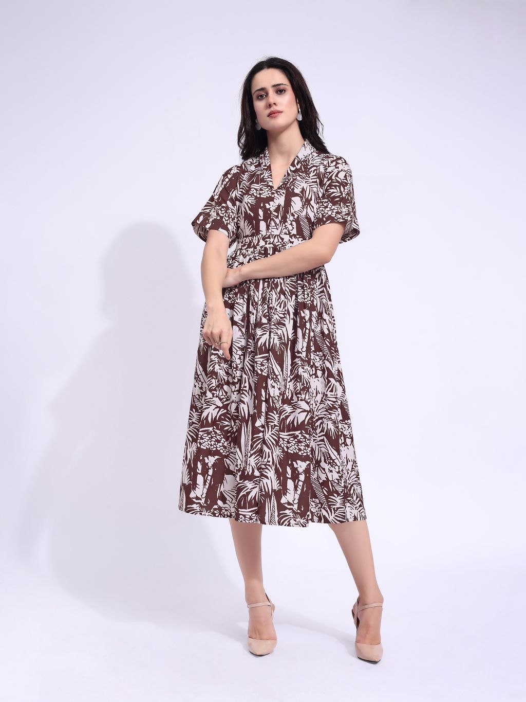 Women's Brown Fit & Flared Midi Stylish Sleeve Dress