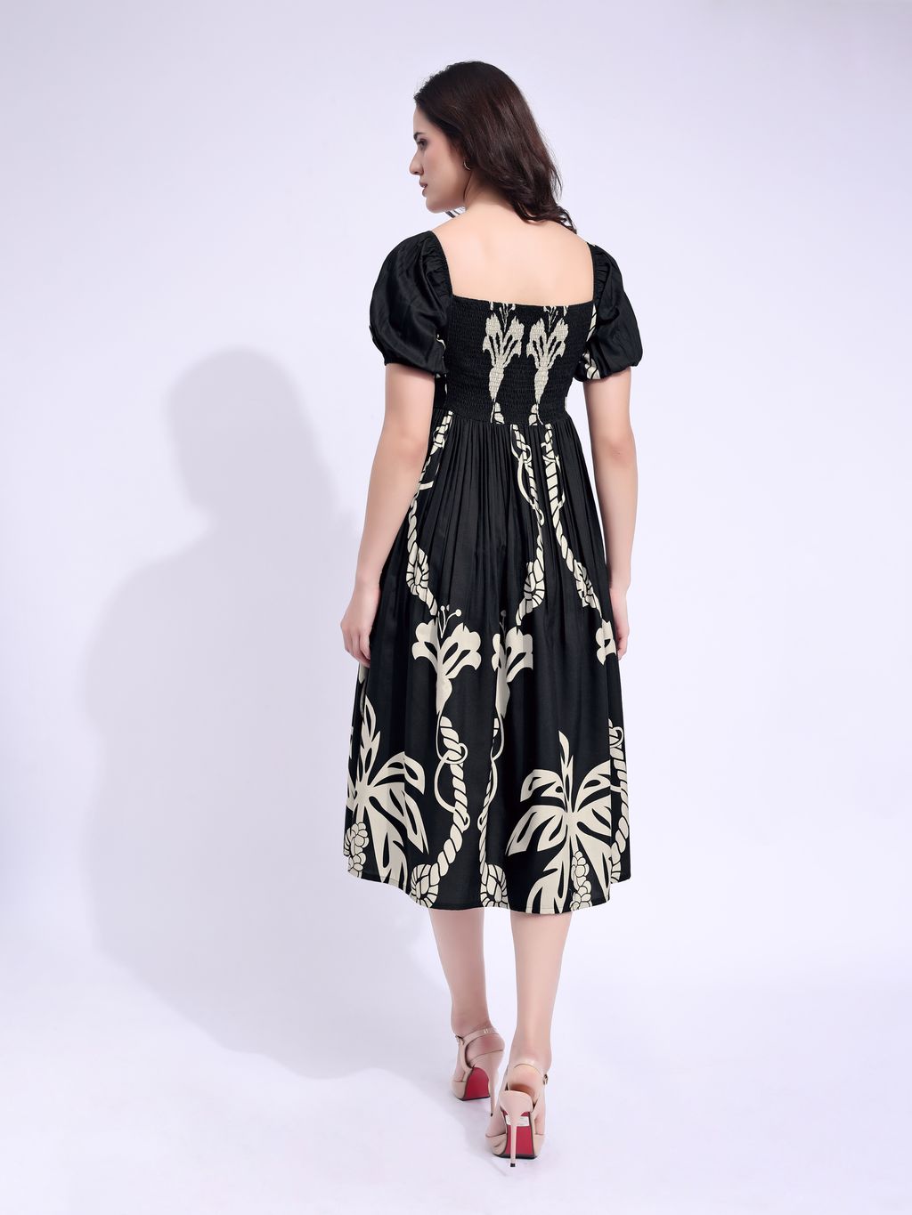 Puff Sleeve Midi Length Printed Dress