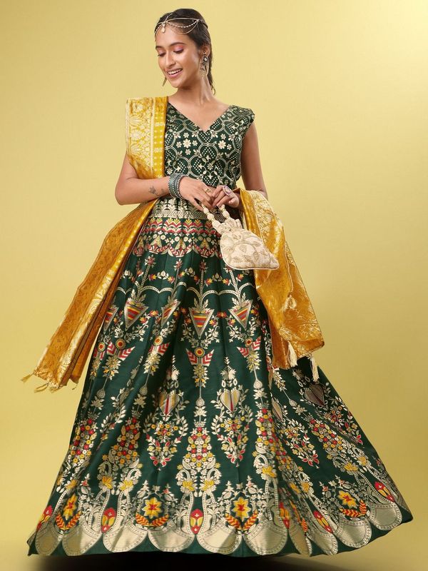 Women Dark Green Floral Print Lehenga