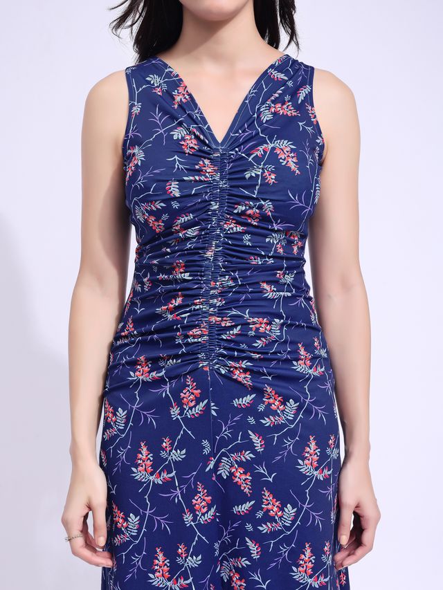 Women's Blue Printed Midi  Sleeveless Dress