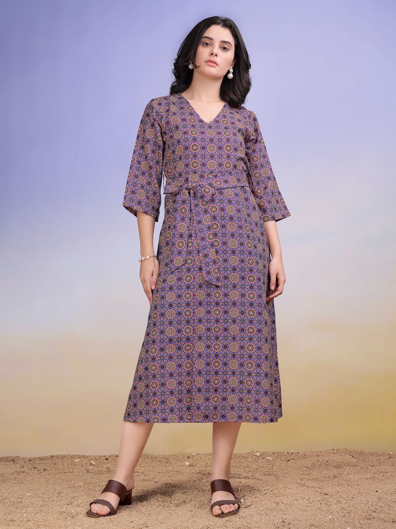 Women's Elegant Wrap Midi Bell Sleeves & Tie-Up Waist Blue Dress