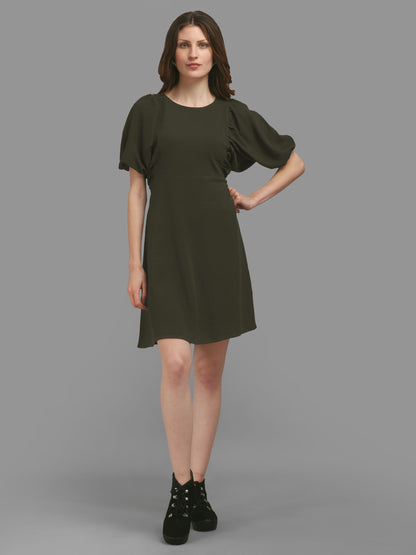 Dark-Olive  Round Neck Puff Sleeve Bodycon Dress