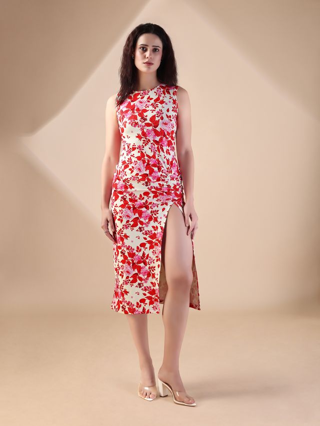 Women's Pink Printed Midi  Sleeveless Dress