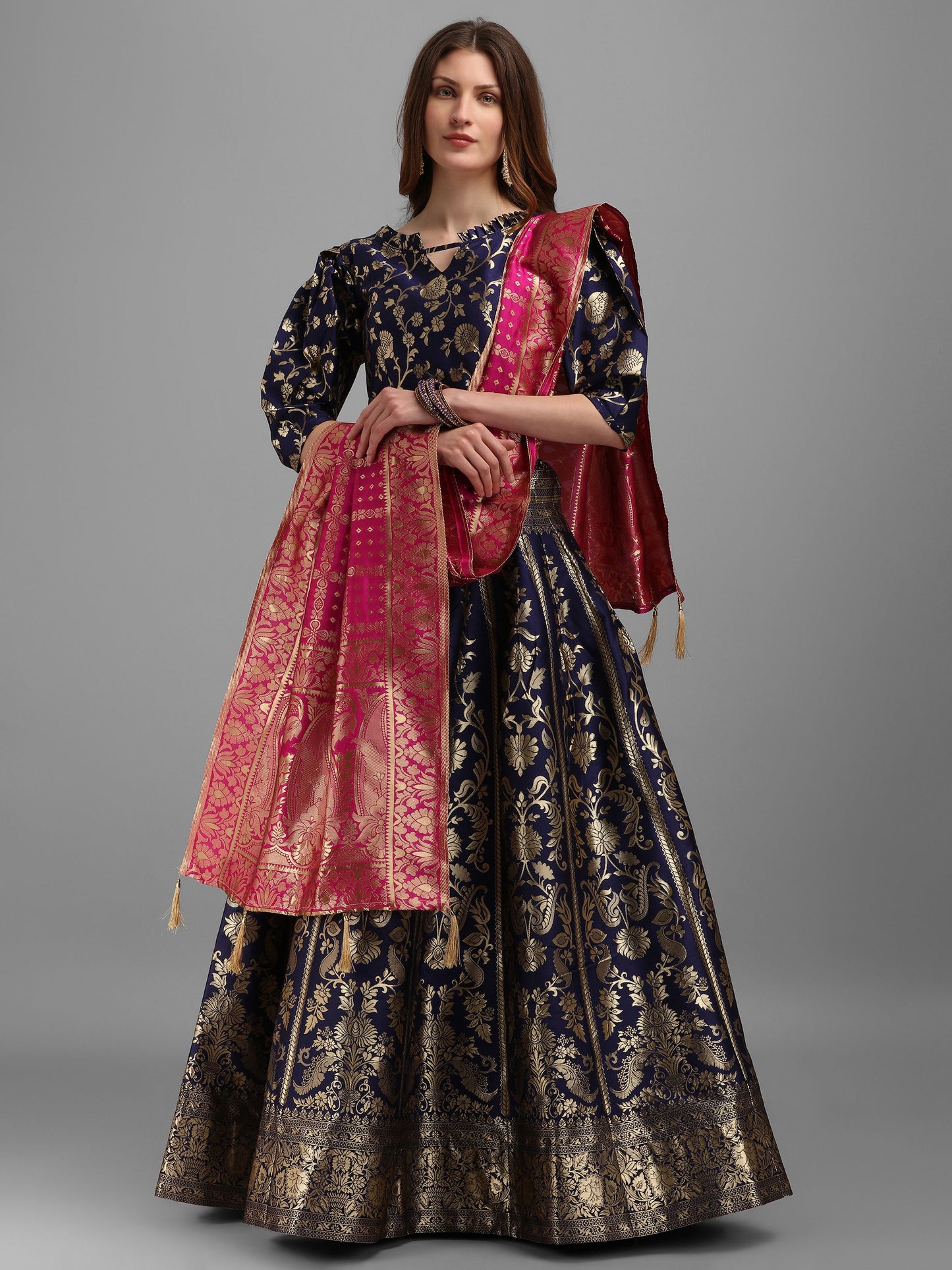 Floral Woven Kalidar Navy Blue Lehenga Choli