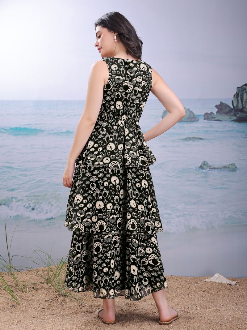 Women's Green Fit & Flared Maxi Sleeveless Dress