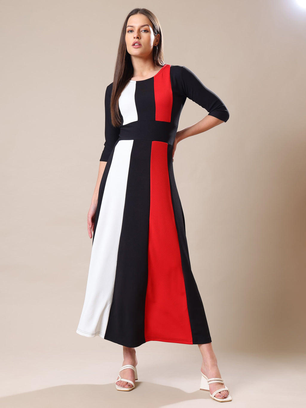 Women's Ankle Length Round Neck Red Dress