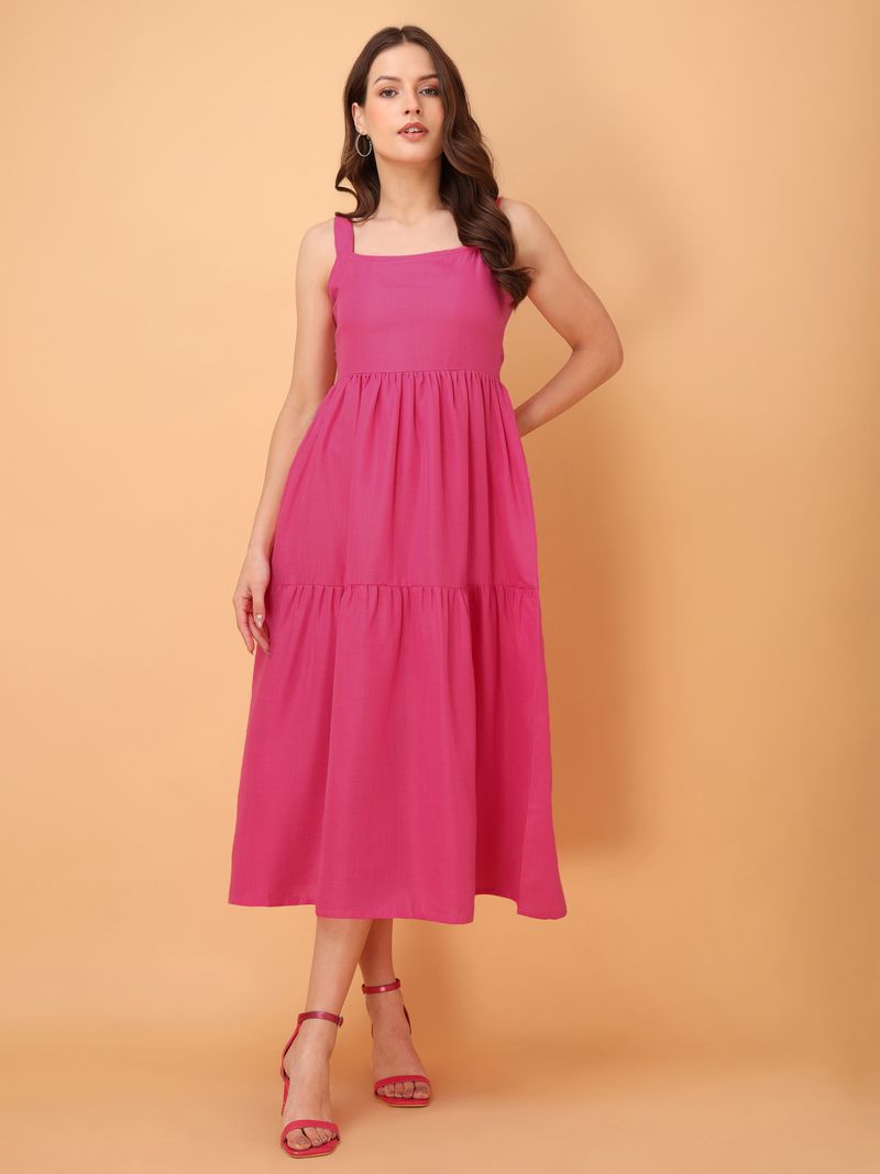 Women's Pink Solid Fit & Flare Midi Dress