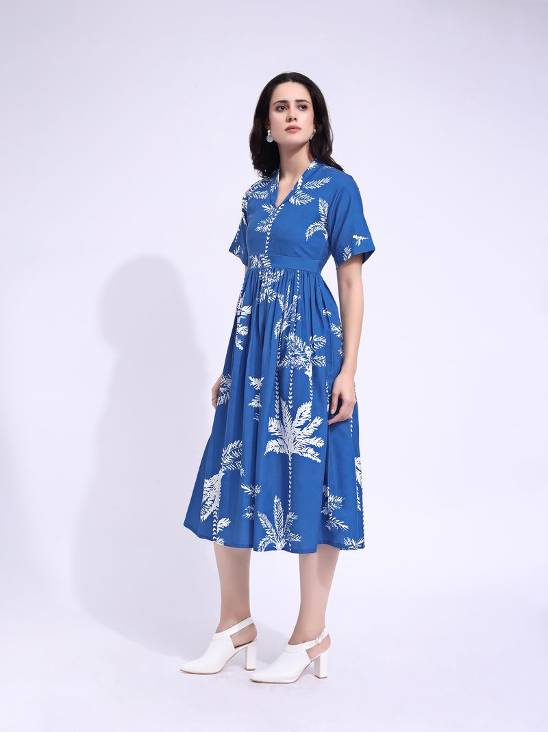 Women's Blue Fit & Flared Midi Stylish Sleeve Dress