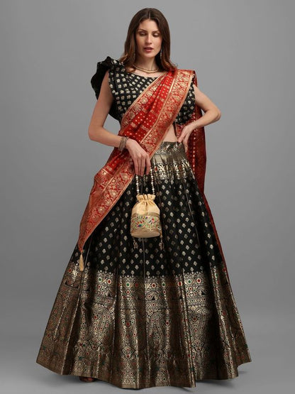 Women Black Self Design Print Lehenga