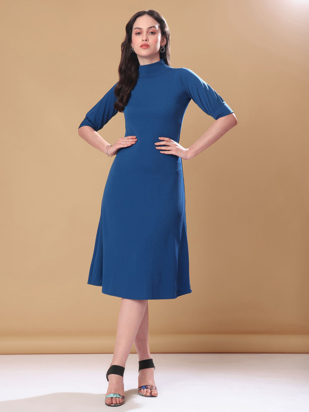 Women's A-Line Elbow Sleeve Teal Dress
