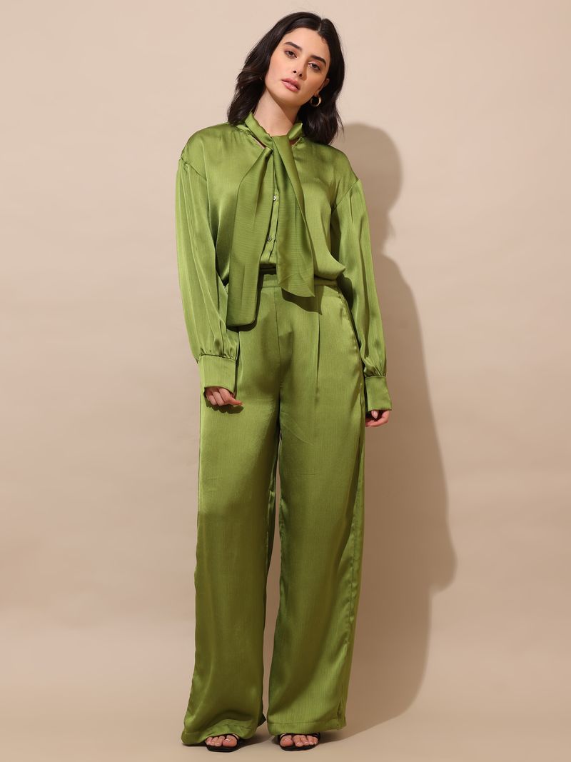 Women's Olive Solid Silk Blend Stylized Co-Ords