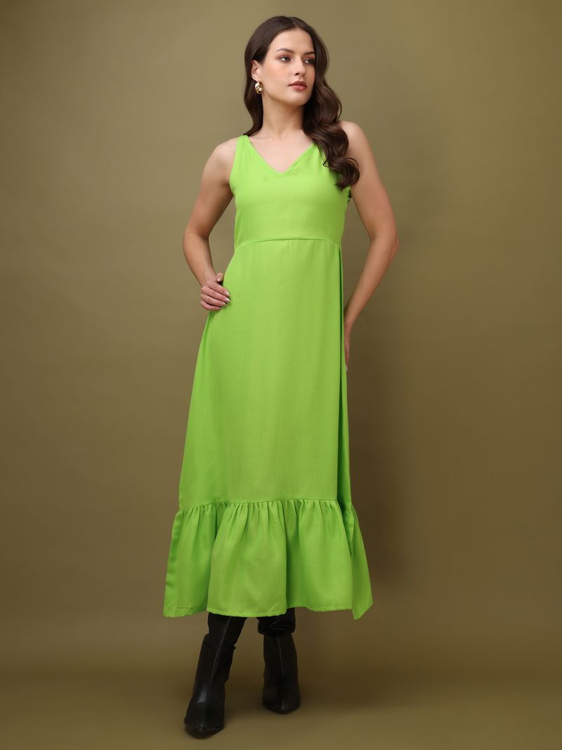 Women's V-Neck Midi A-Line Sleeveless Green Dress