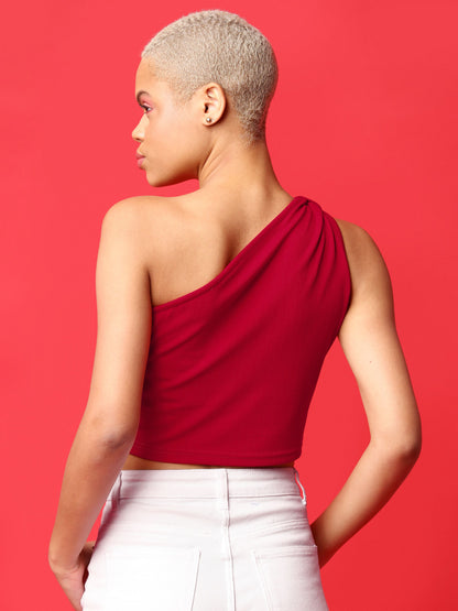 Red Asymmetric Neck Crop Top