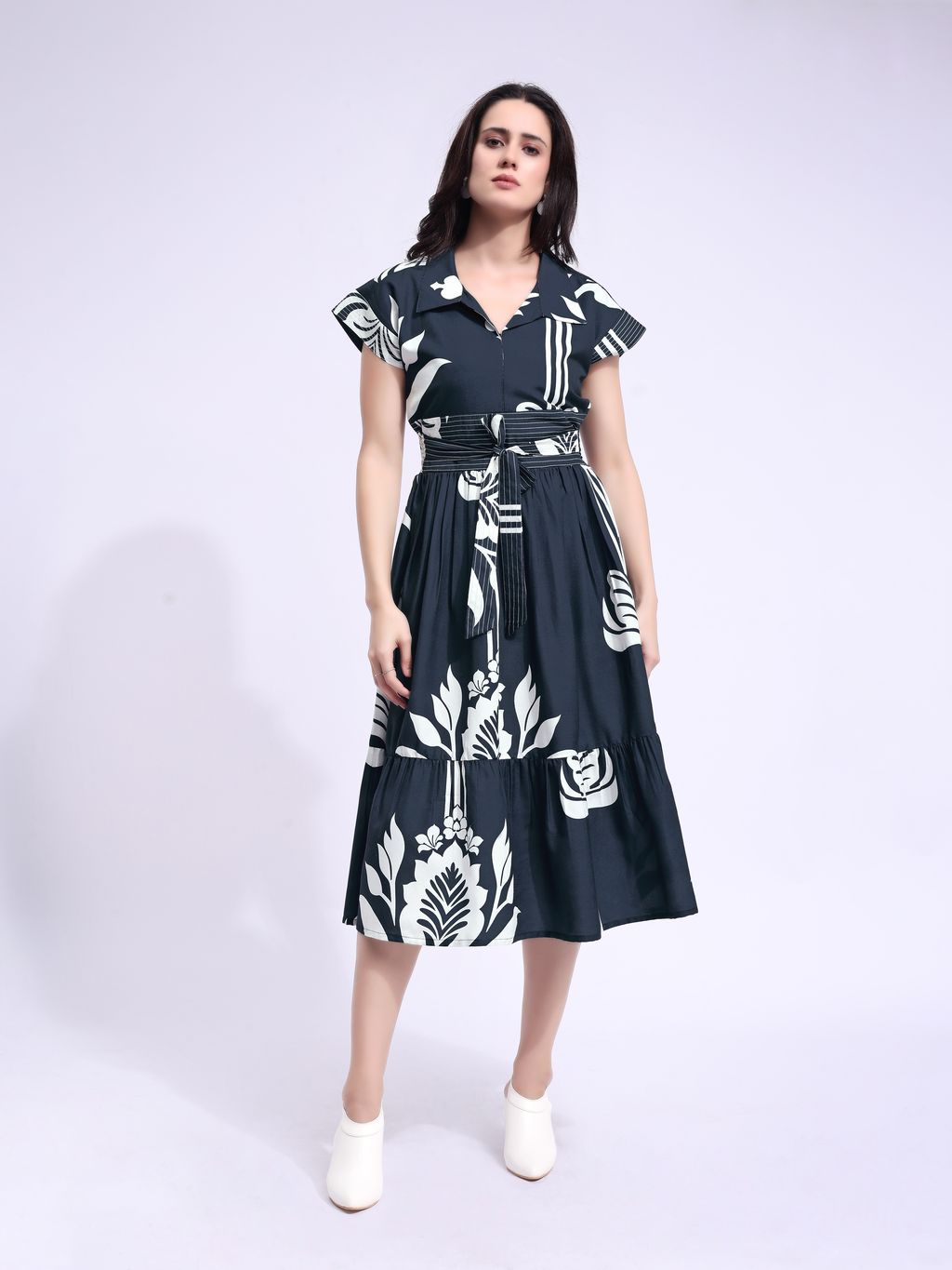 Women's Navy Blue Fit & Flared Midi Cap Sleeve Dress