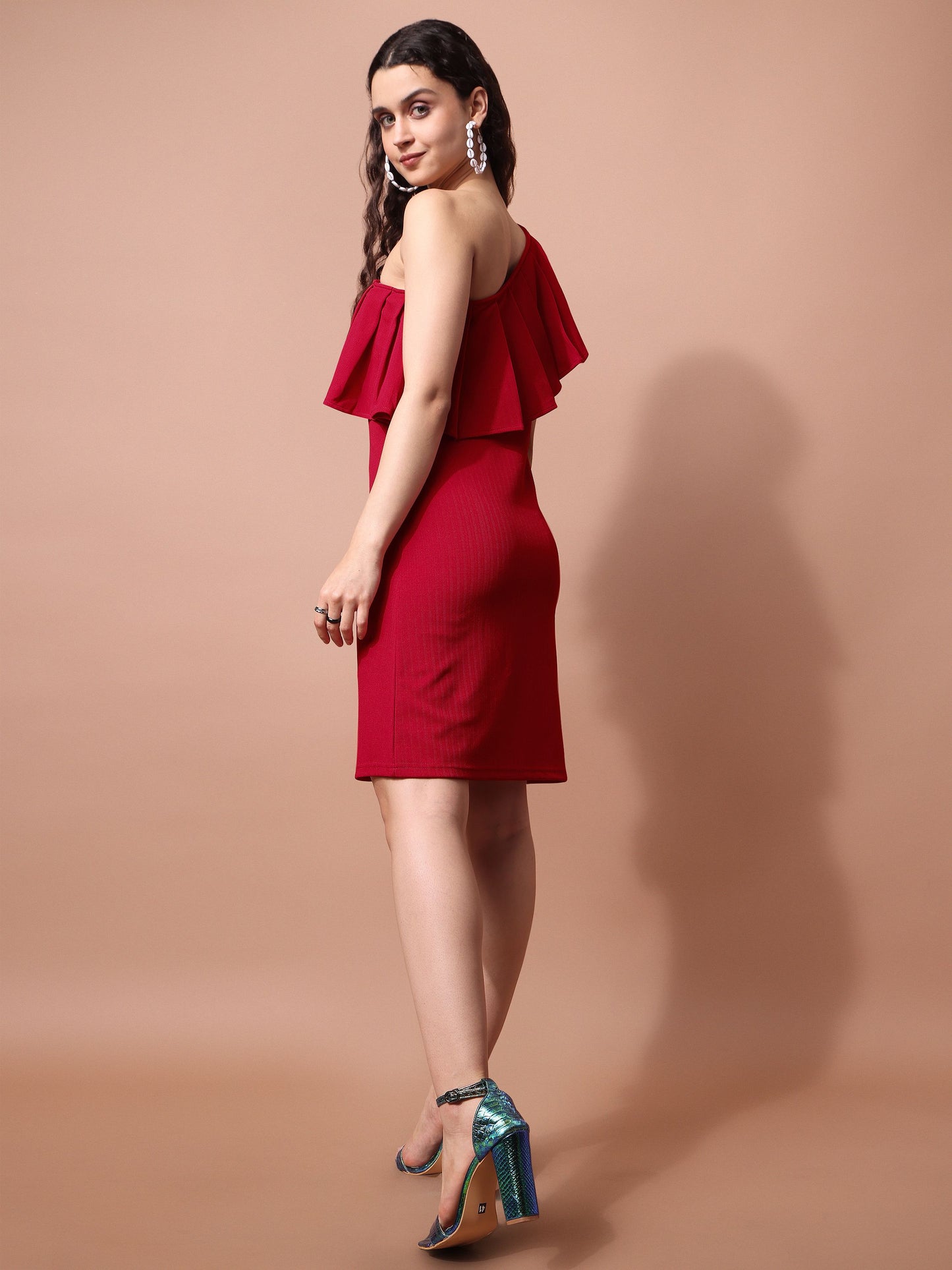 Ruffle One Shoulder Red Dress