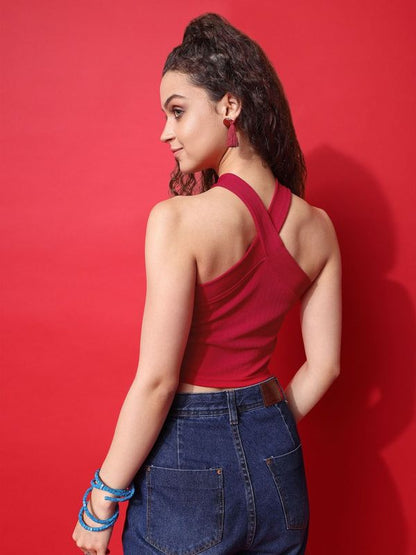 Women Red Halter Neck Crop Top