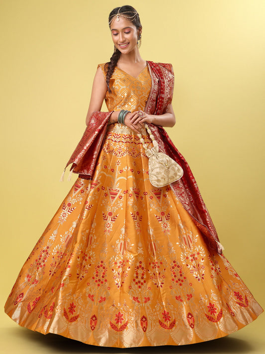 Women Yellow Floral Print Lehenga