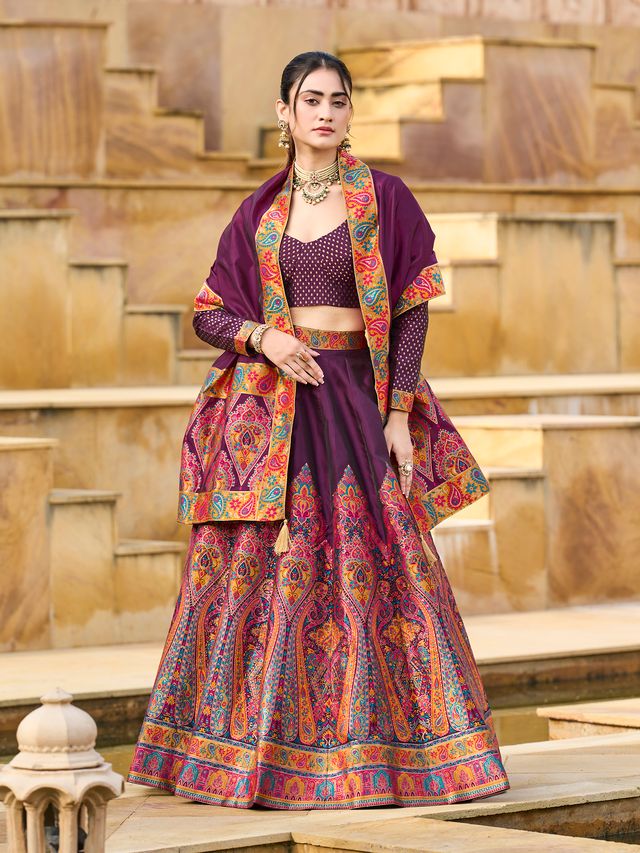 Women's Wine Jacquard Crape Lehengas