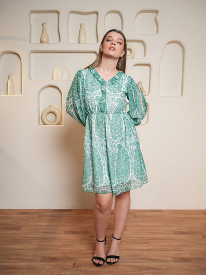 Women Green Fit & Flare Floral Print Dress