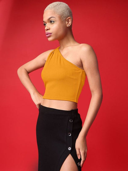 Women Solid Print Yellow Crop Top