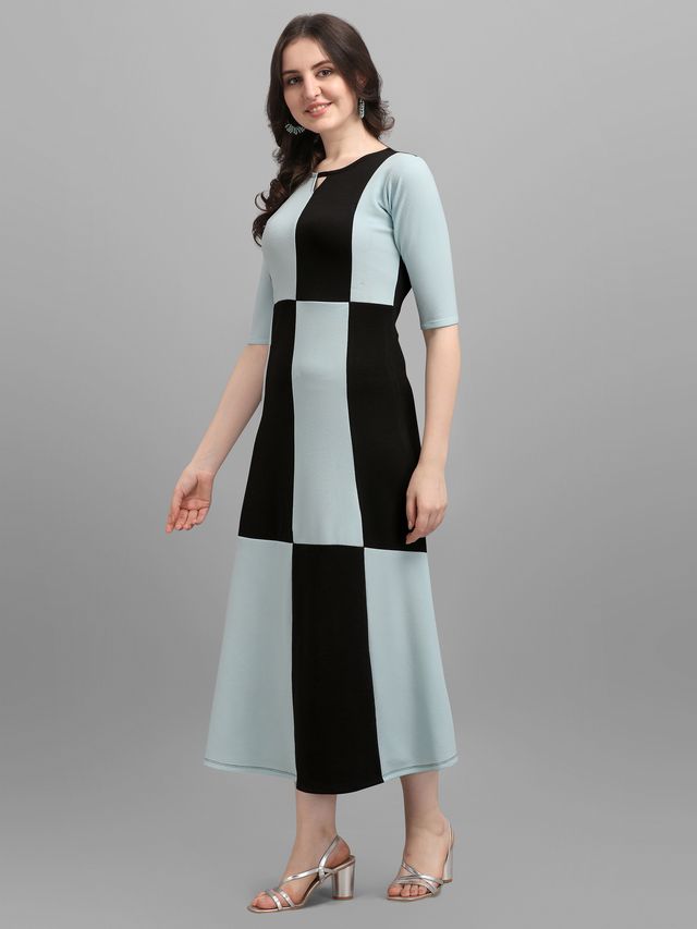 Women Sky Blue & Black Fit & Flare dress