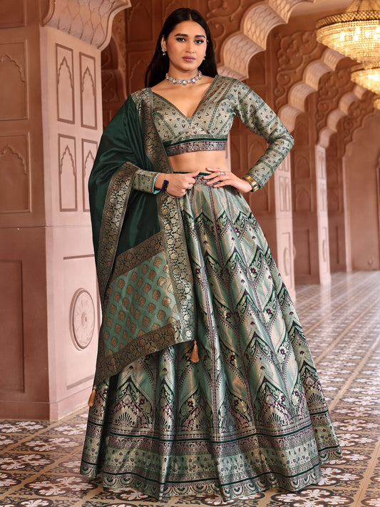 Double-Shaded Green Lehenga Choli With Zari Woven Motifs